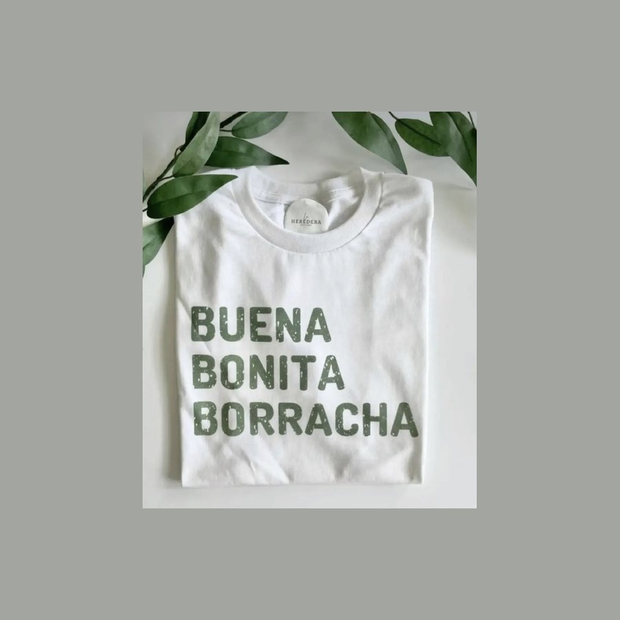 Buena Bonita Borracha tee in worn olive lettering