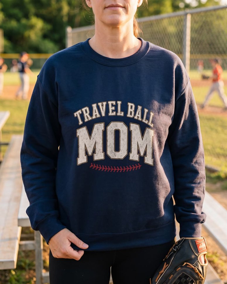 On Deck Co. Travel Ball Mom crewneck on a mom holding a catcher glove