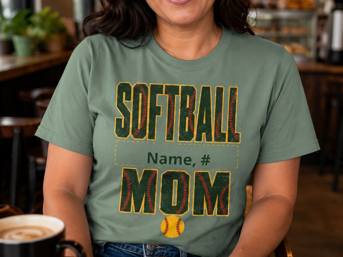 Softball Mom tee with a name and number placeholder
